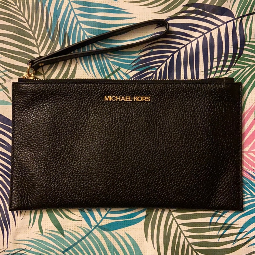 Michael Kors Jet Set Large Clutch Wristlet Leather Black Zipper Wallet Bag NWT